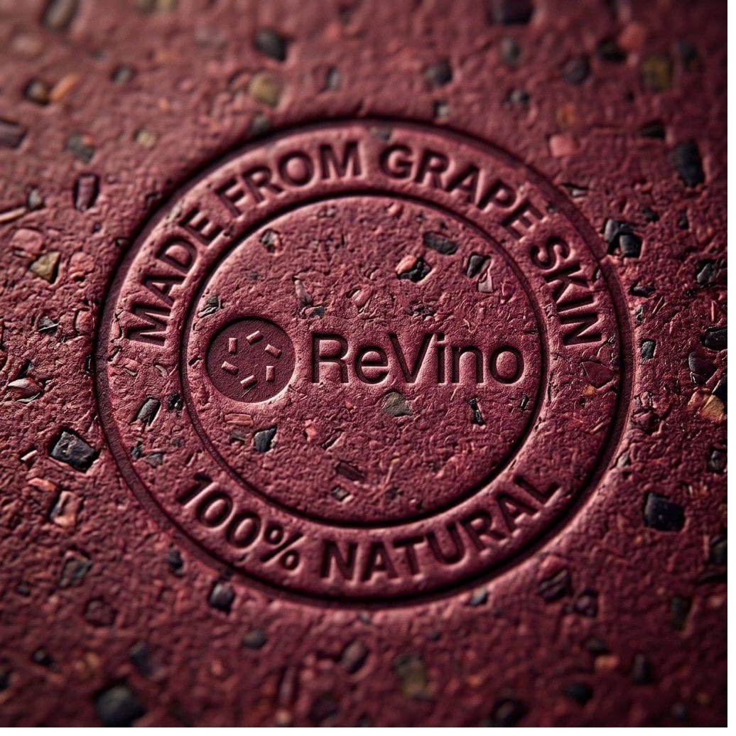 ReVino embossed badge on grape-skin material