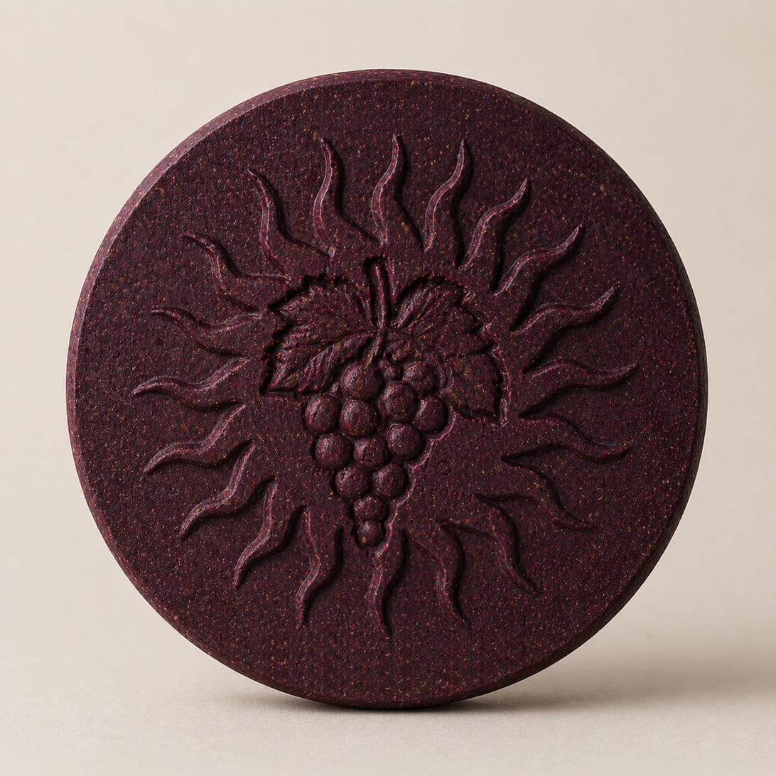 ReVino disc with embossed grape and rays motif